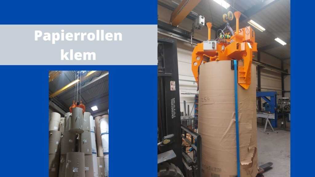 Hydraulische klem voor papierrollen van Intech Installatieburo grijpt, tilt en verplaatst met gemak industriele papierrollen van 5 ton gewicht. Zonder papierbeschadigingen.